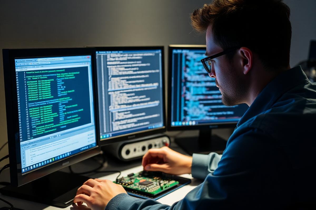 Engineer debugging embedded driver code beside a microcontroller board