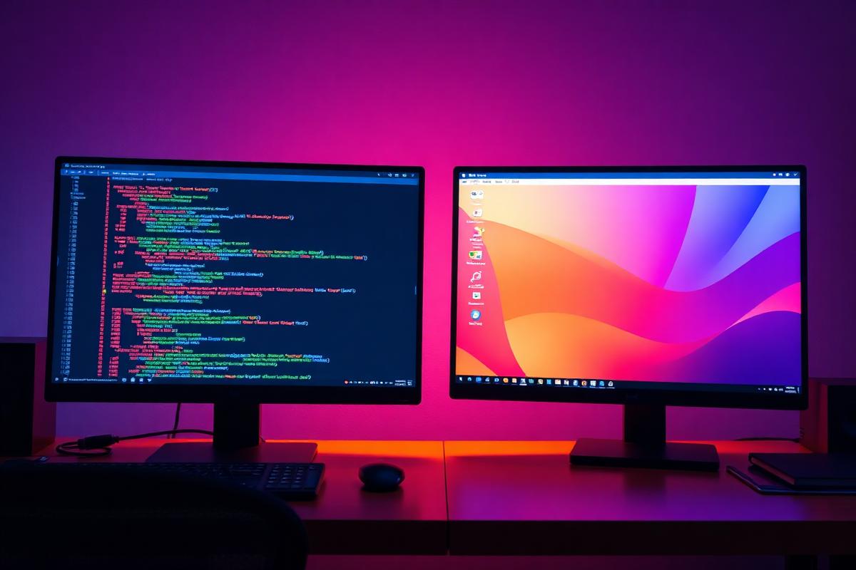 Two monitors comparing custom software with off-the-shelf software