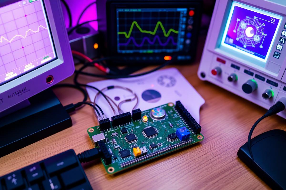IoT prototype circuit board on a test bench with an oscilloscope