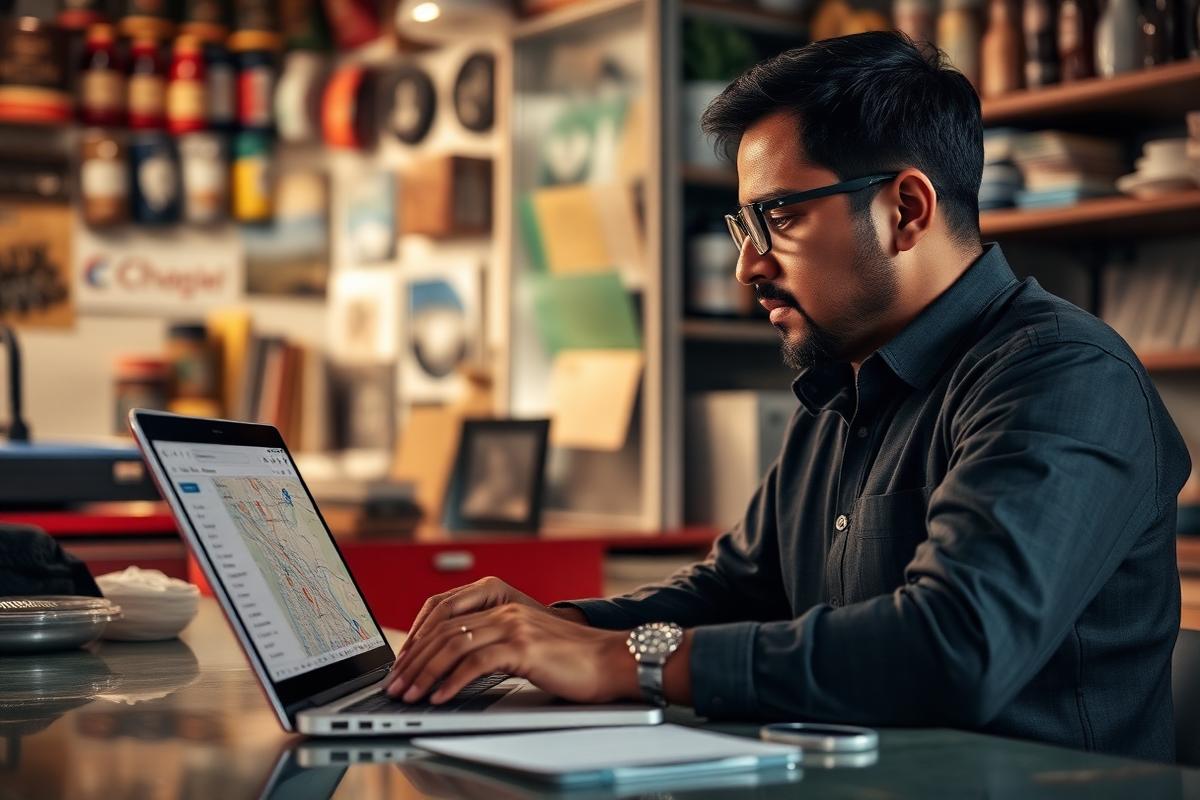 Shop owner updating a Google Maps business listing on a laptop