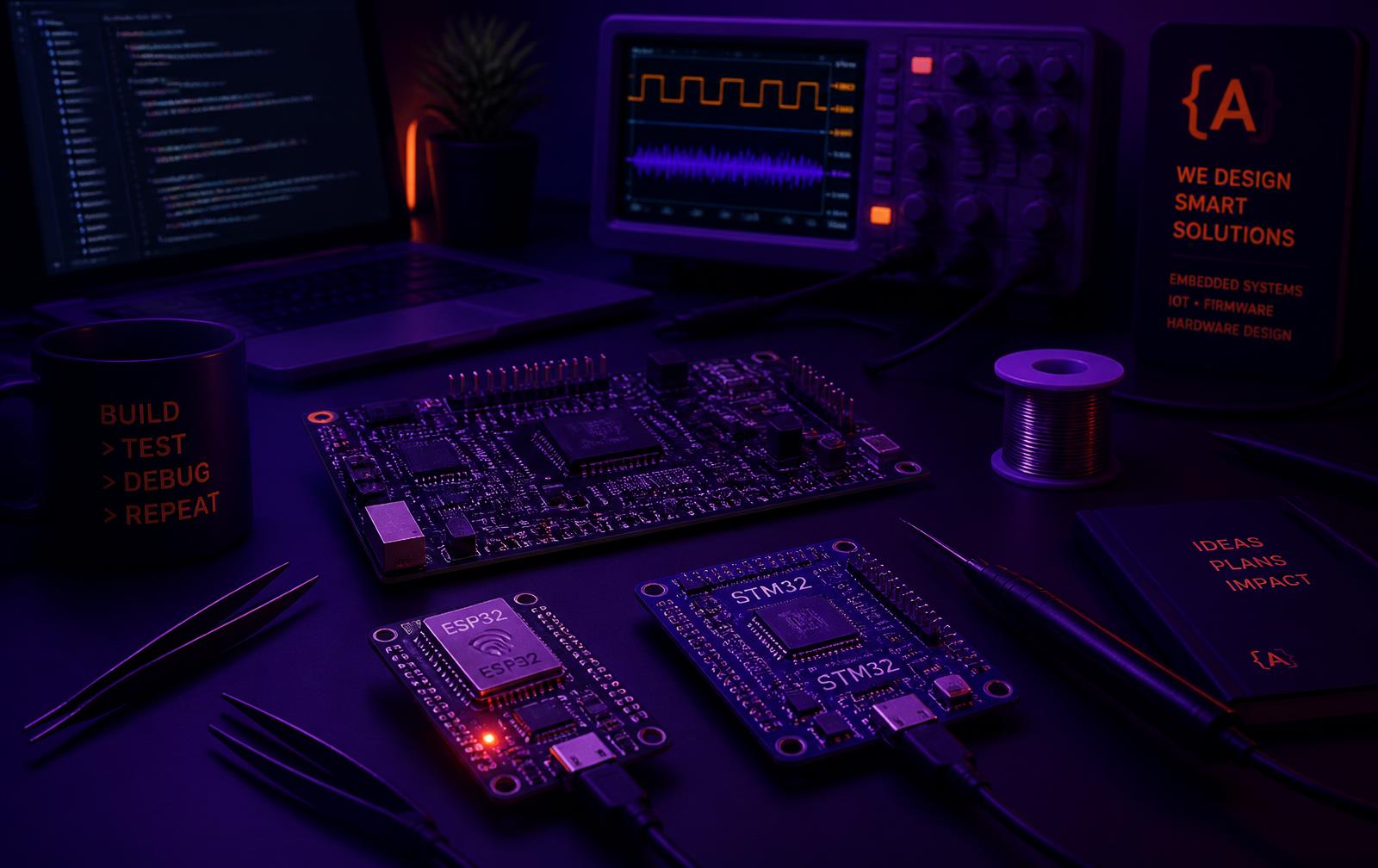 Embedded development workbench with microcontroller boards and oscilloscope