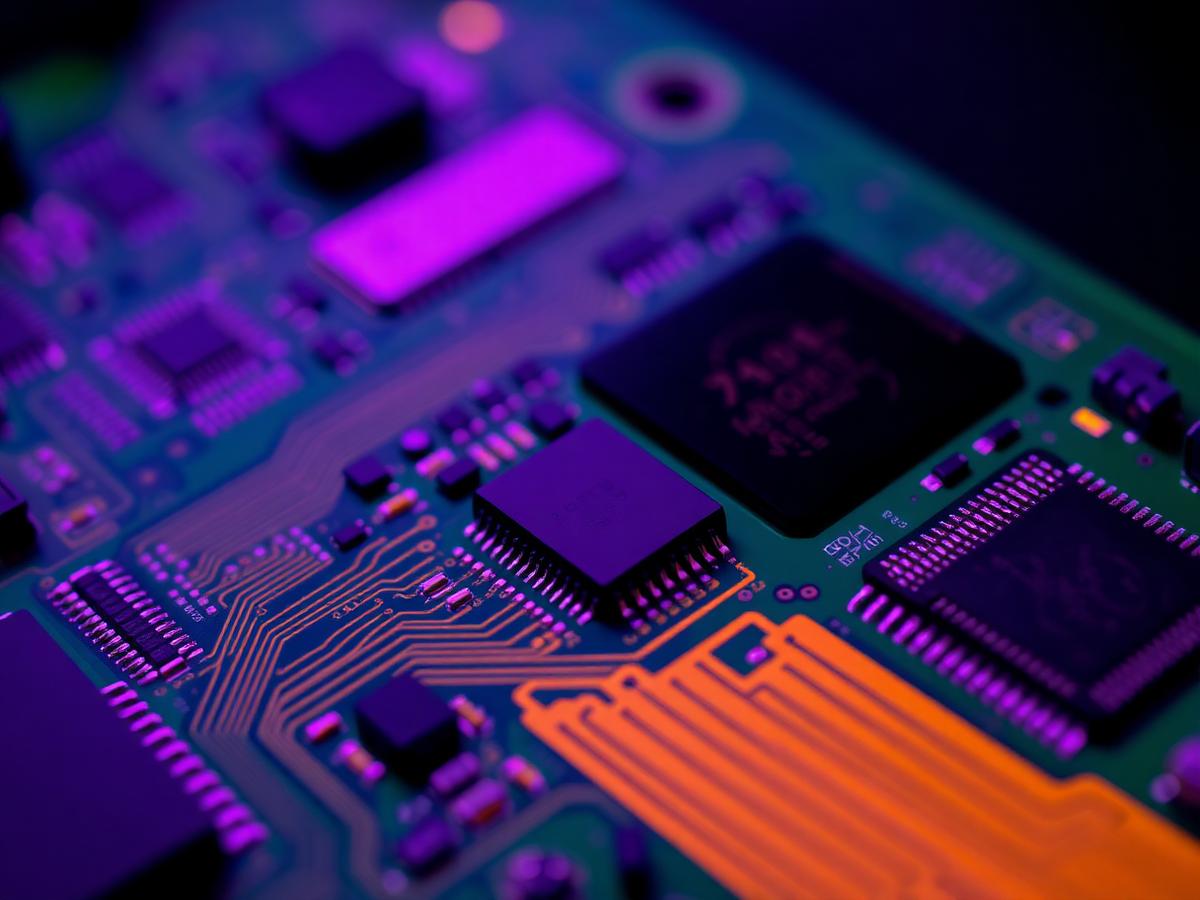 Macro photo of a circuit board with microcontrollers and traces