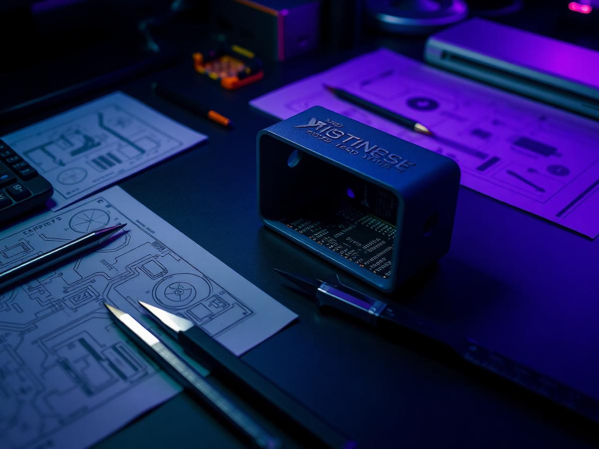 Hardware prototype enclosure with PCB and design sketches on a desk