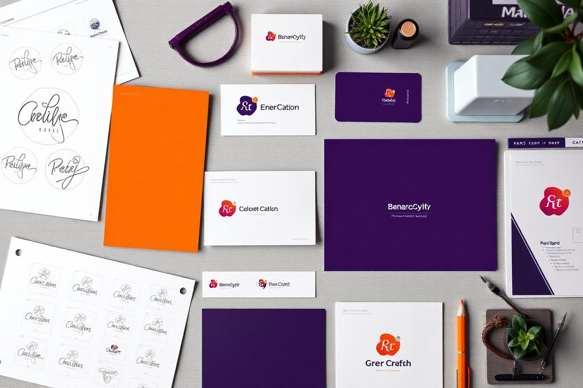 Brand identity design flat lay with logo sketches and colour swatches