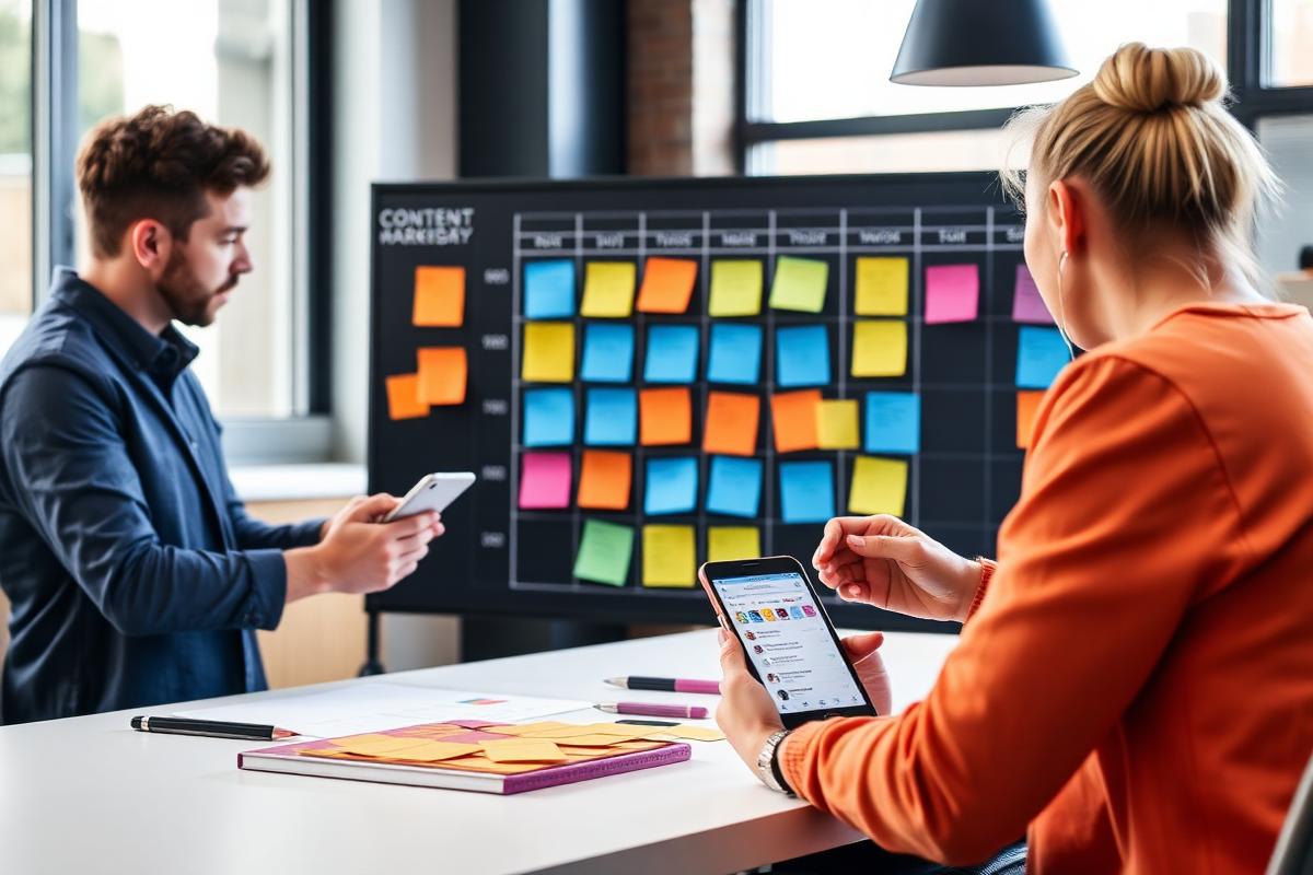 Social media team planning a monthly content calendar