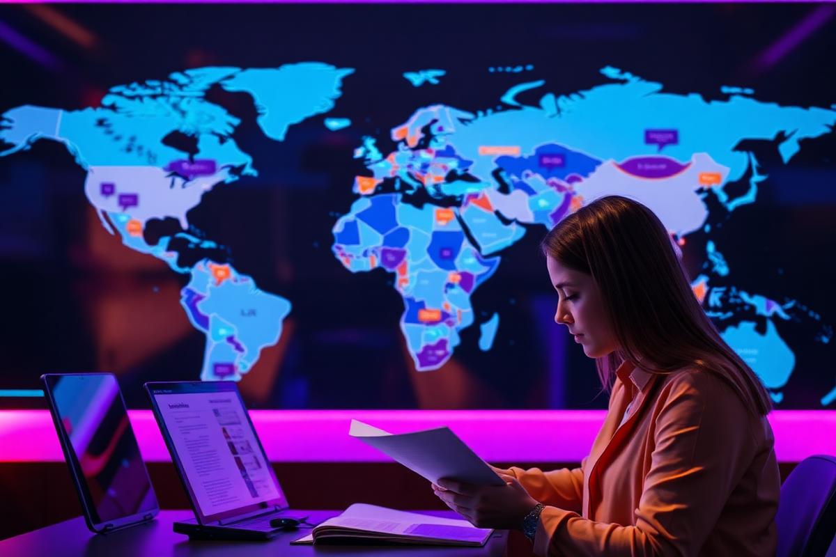 Translator localising content with a world language map on screen